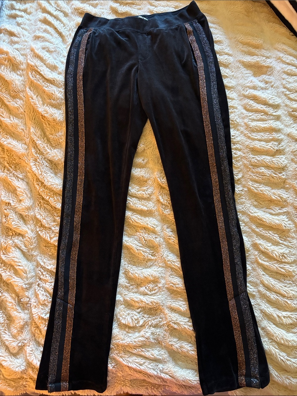Pam & Gela Black Velvet Track Pants with Metallic Side Stripes